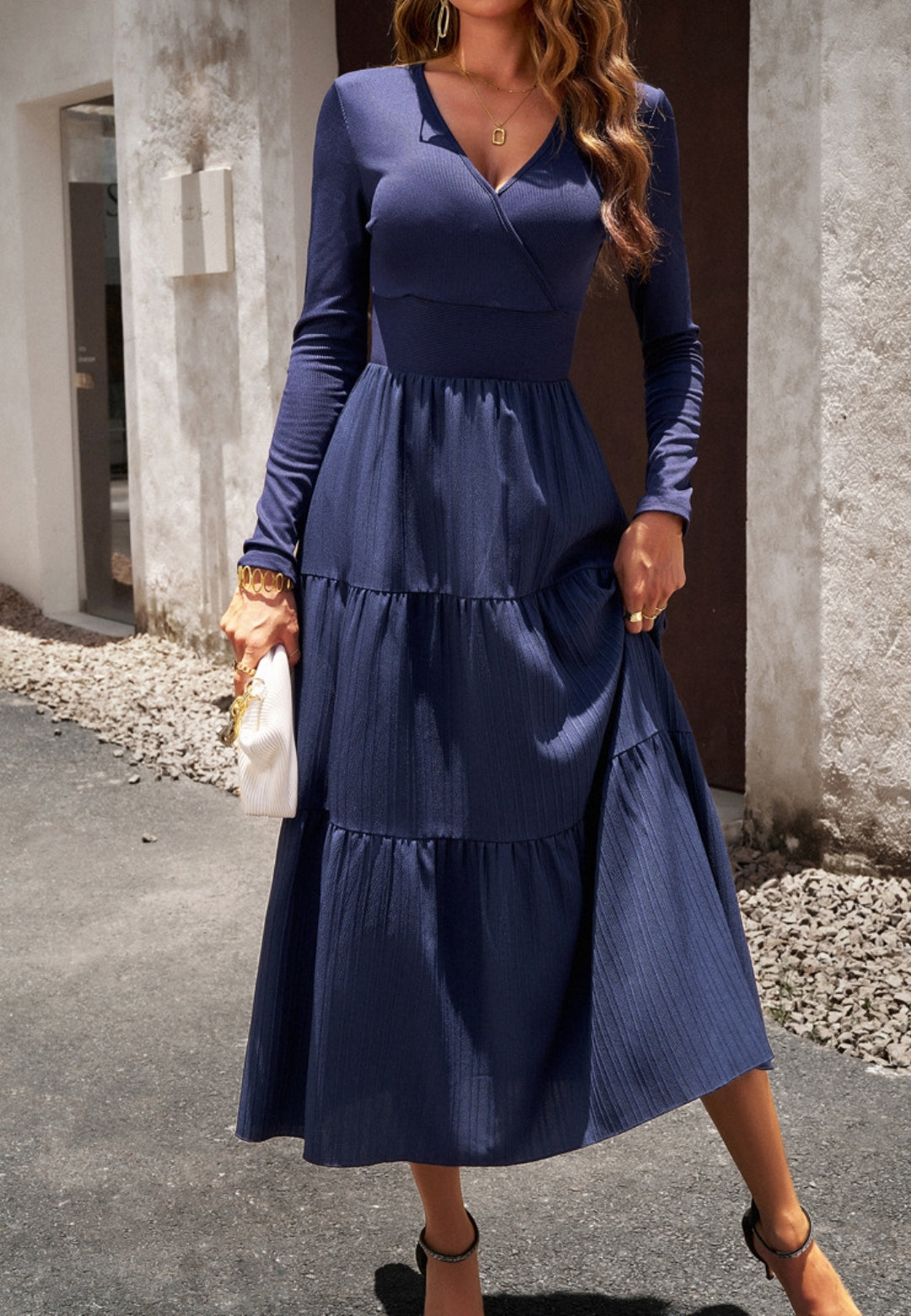 Surplice Neck Pleated Tiered Dress