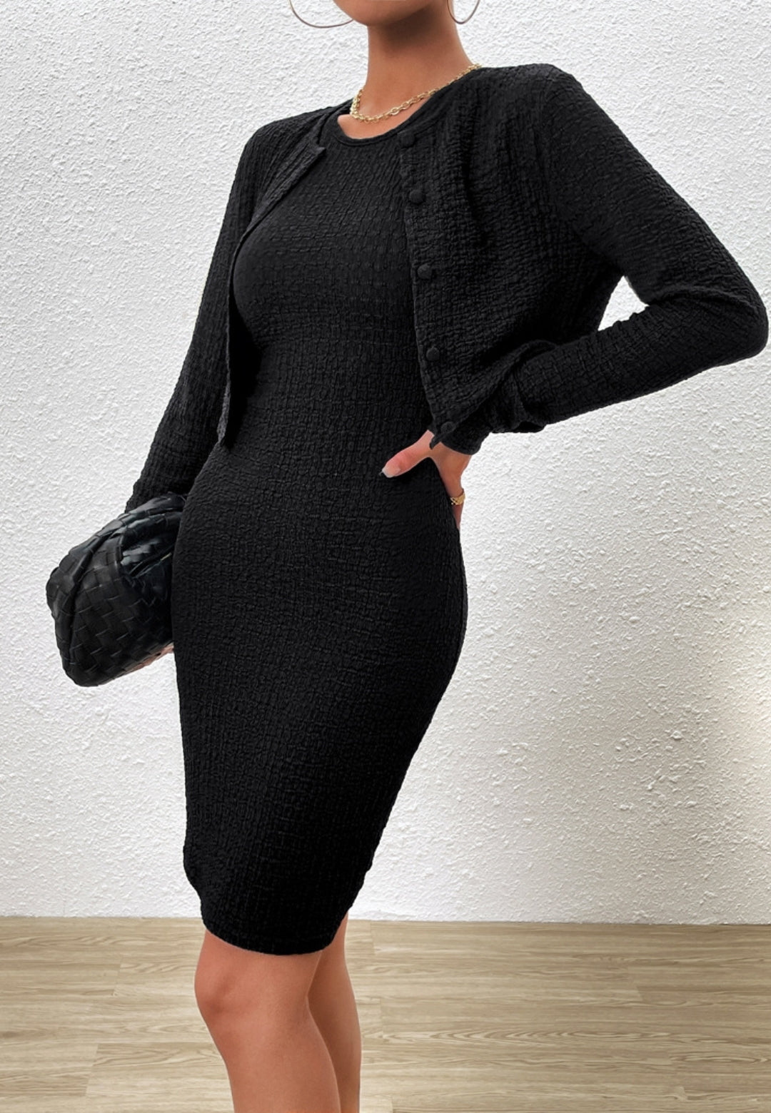 Conjunto de cárdigan y vestido texturizados