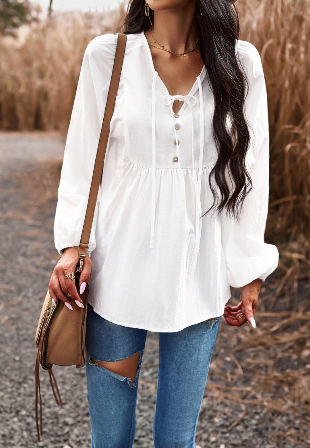 Double Tie Neck Button Blouse