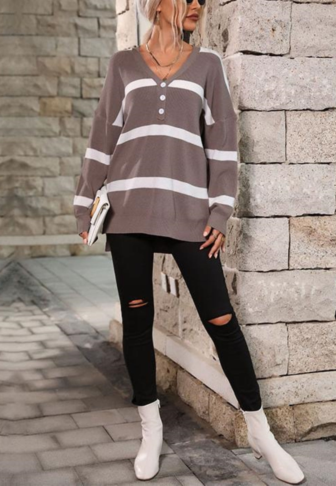 Striped Pattern Button Detail Sweater