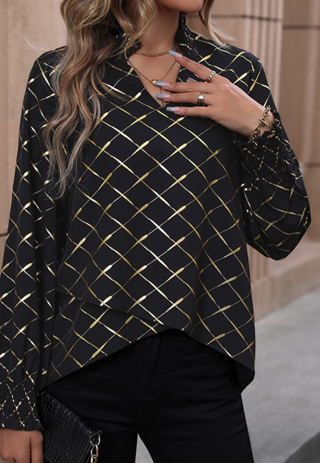 Grid Print Ruffle Neck Blouse