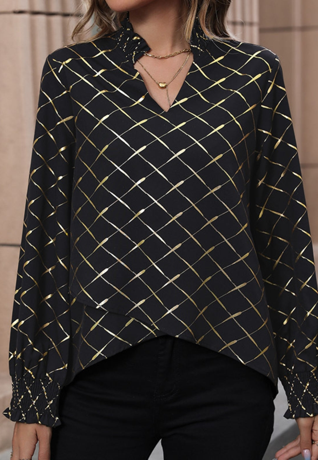 Grid Print Ruffle Neck Blouse