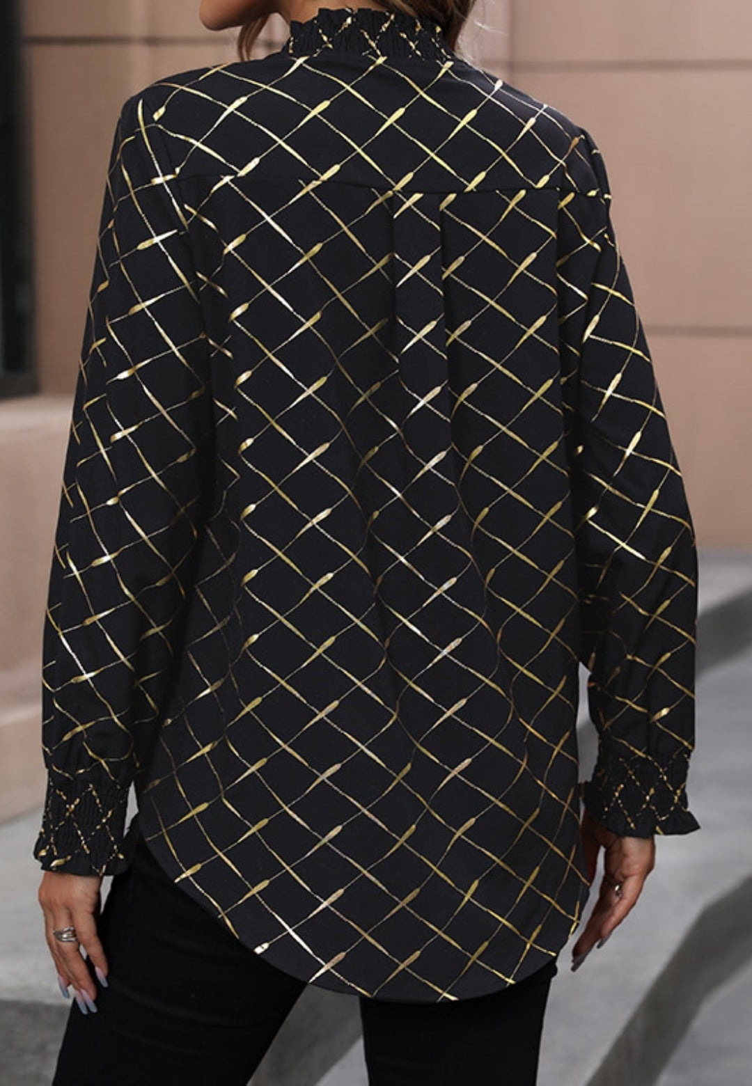 Grid Print Ruffle Neck Blouse