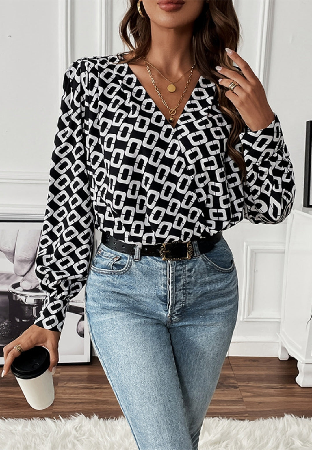 Geometric Print Long Sleeve Bodysuit