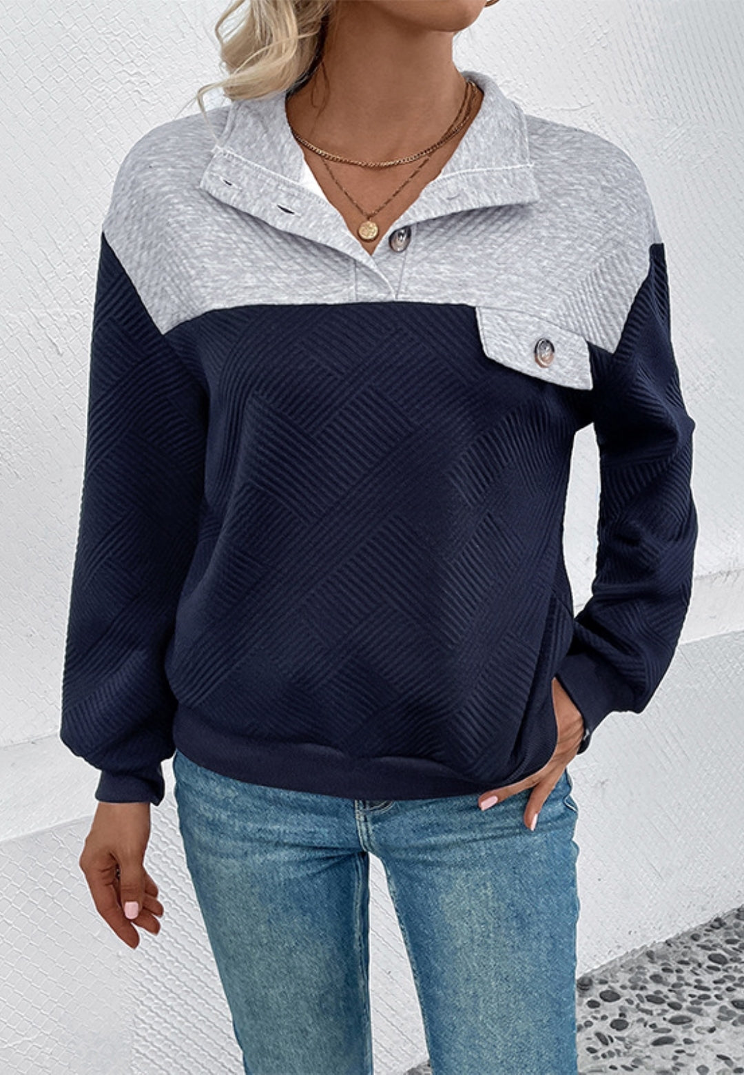 Two Tone Button Detail Textured Sweater