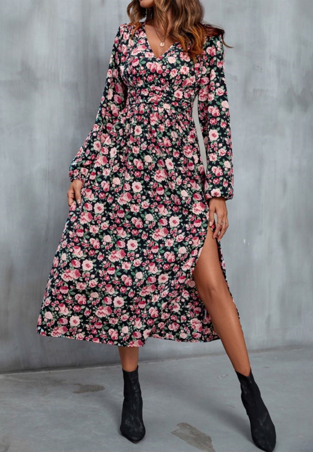 V Neck Floral Side Slit Dress