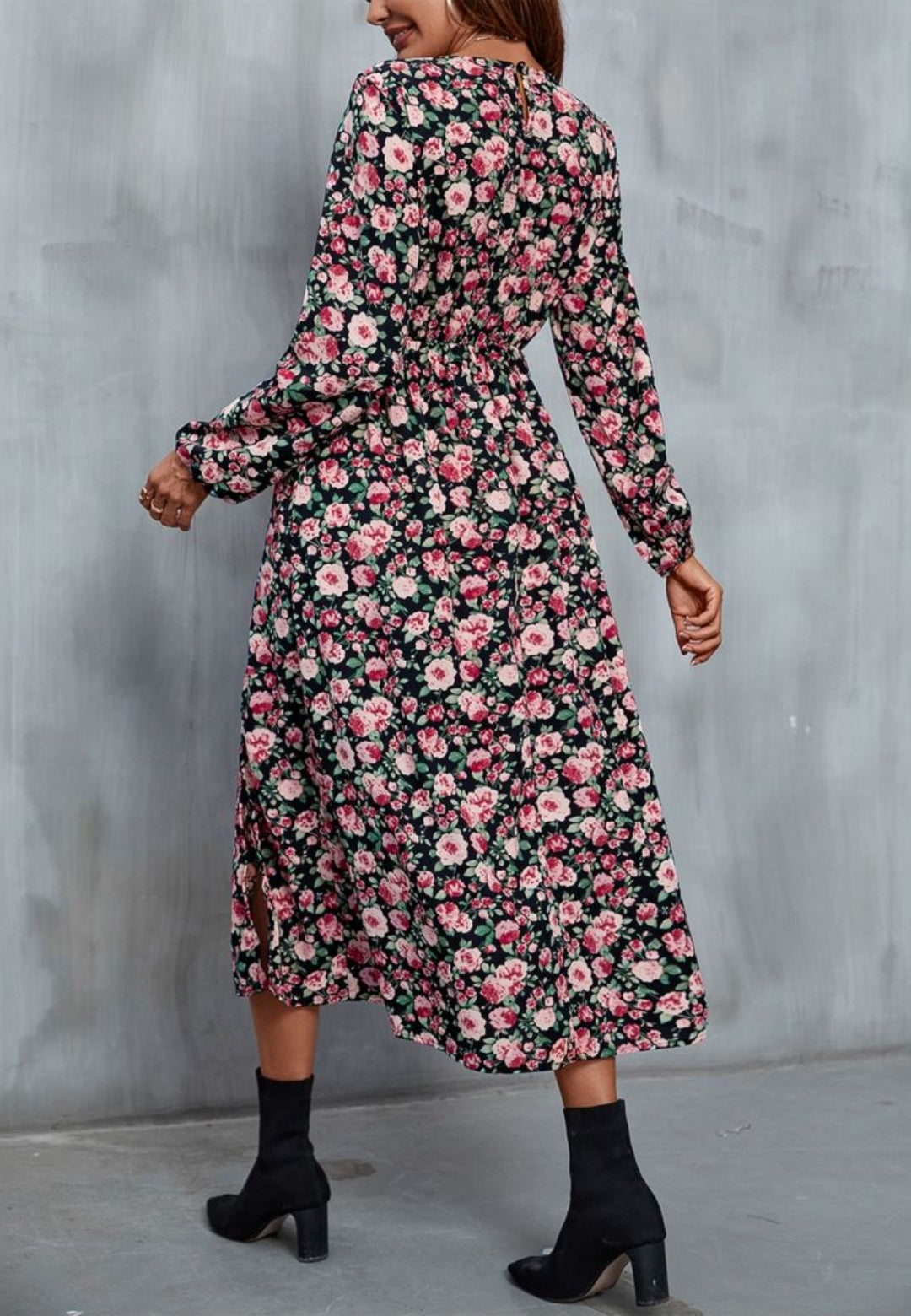 V Neck Floral Side Slit Dress
