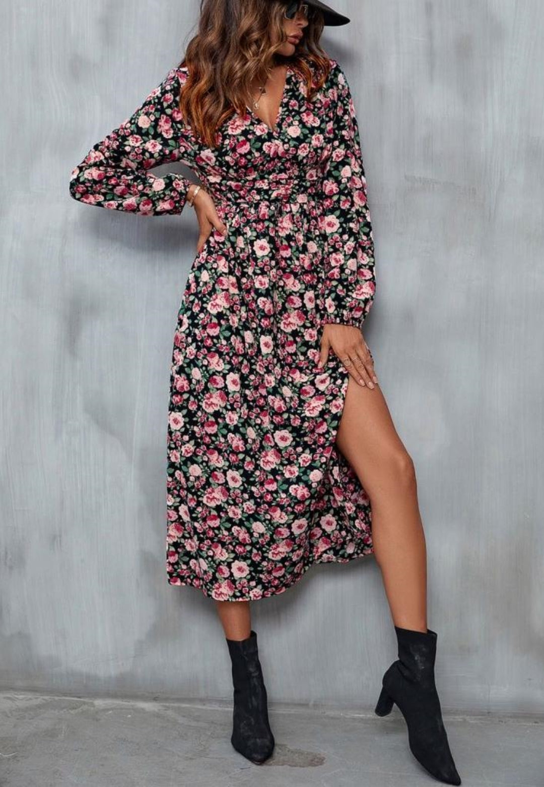 V Neck Floral Side Slit Dress