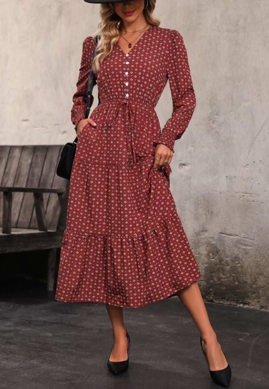 Geometric Print Button Front Tiered Dress