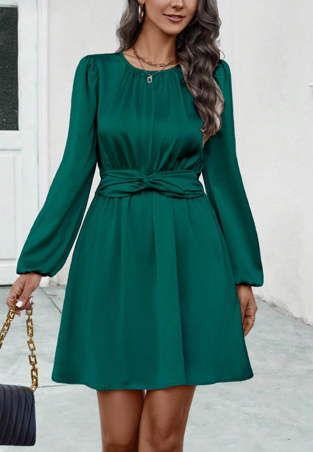 knee length satin dress Rustic Off-Shoulder Wedding while the back center leg slit adds a touch of allure and ease of movement Puffy Knee Length Satin Dress