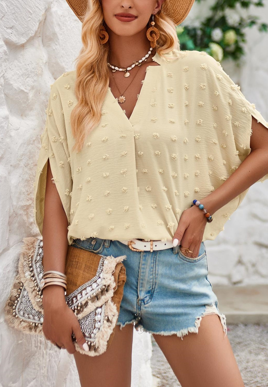 Swiss Dot Batwing Sleeve Blouse