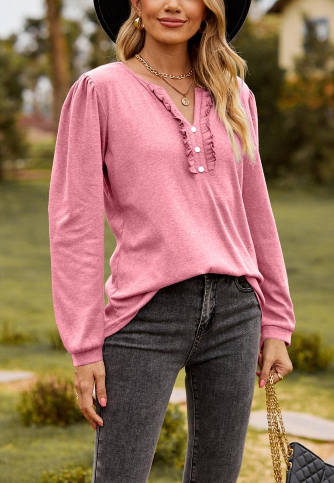 Split V Neck Ruffle Henley Top