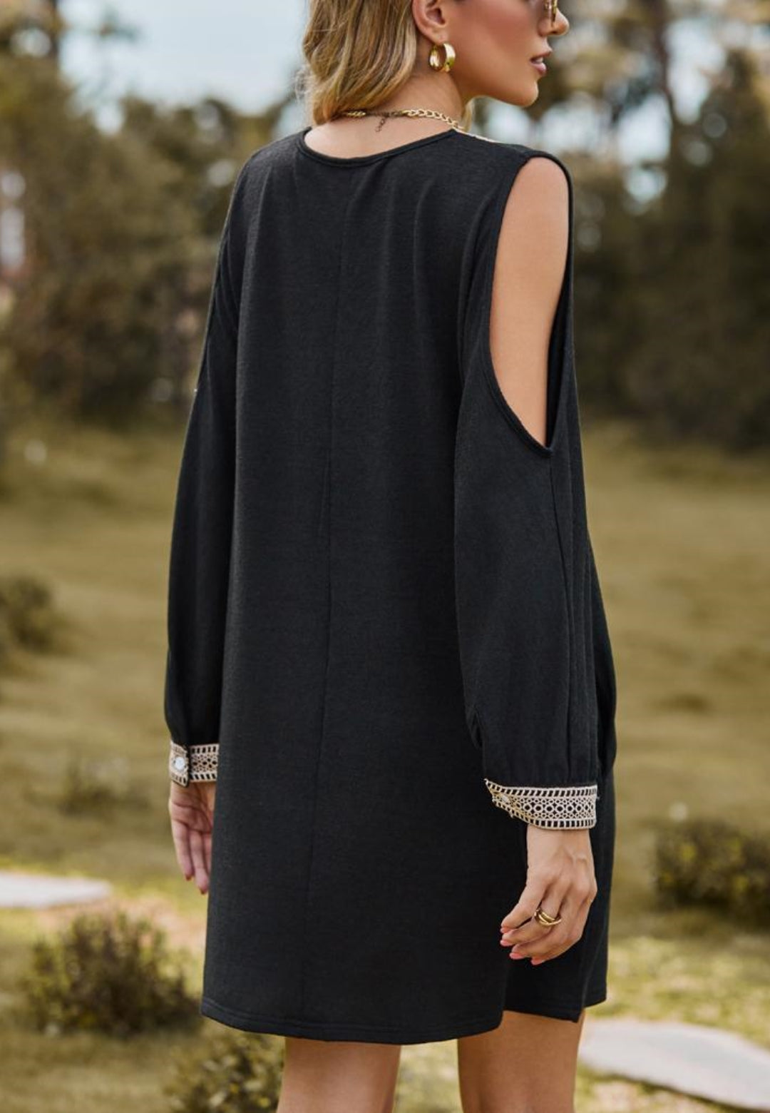 Crochet V Neck Cold Shoulder Dress