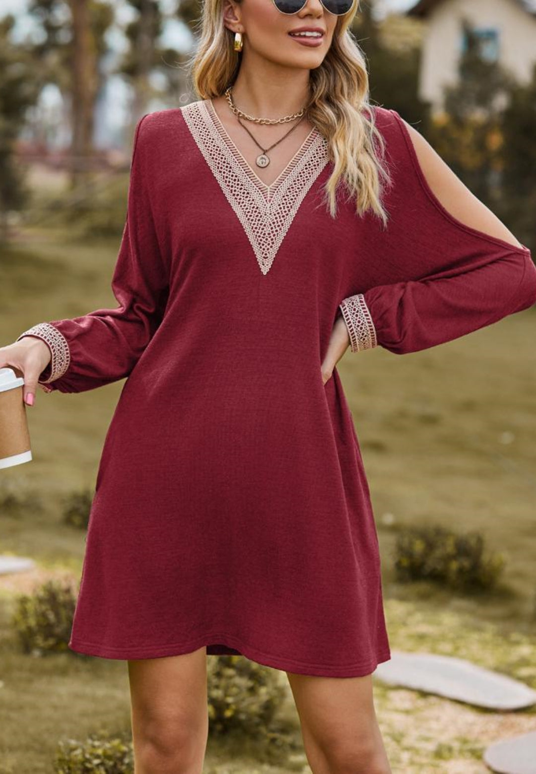 Crochet V Neck Cold Shoulder Dress