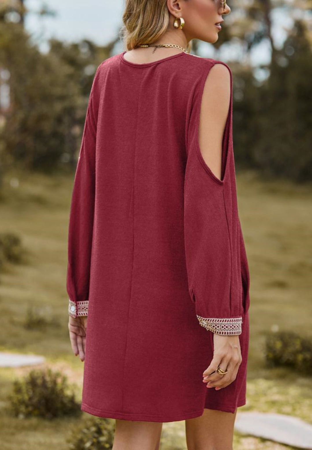 Crochet V Neck Cold Shoulder Dress