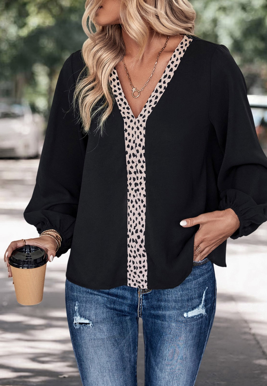 Animal Print Detail Long Sleeve Blouse