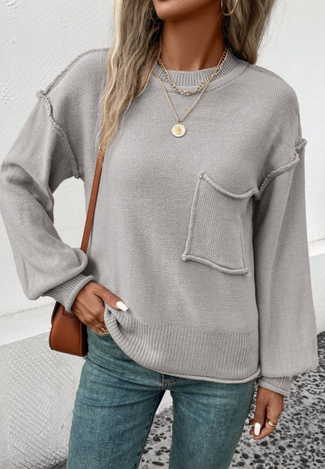 Textured Knit Drop Shoulder Pocket Sweater