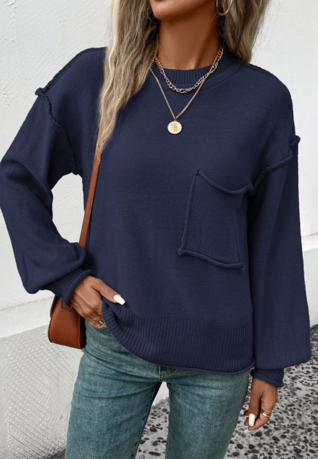 Textured Knit Drop Shoulder Pocket Sweater