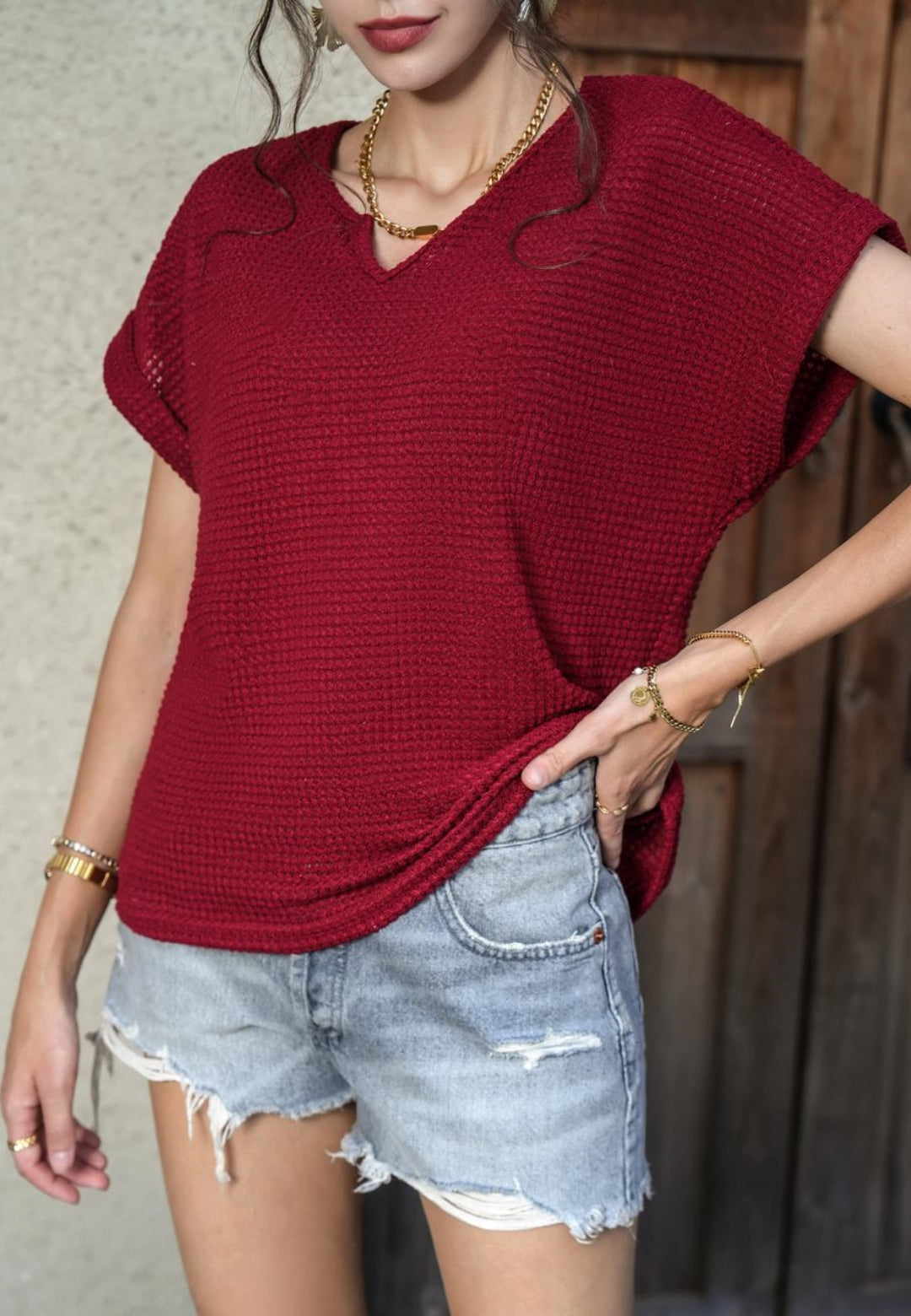 Split V Neck Textured Net Shirt