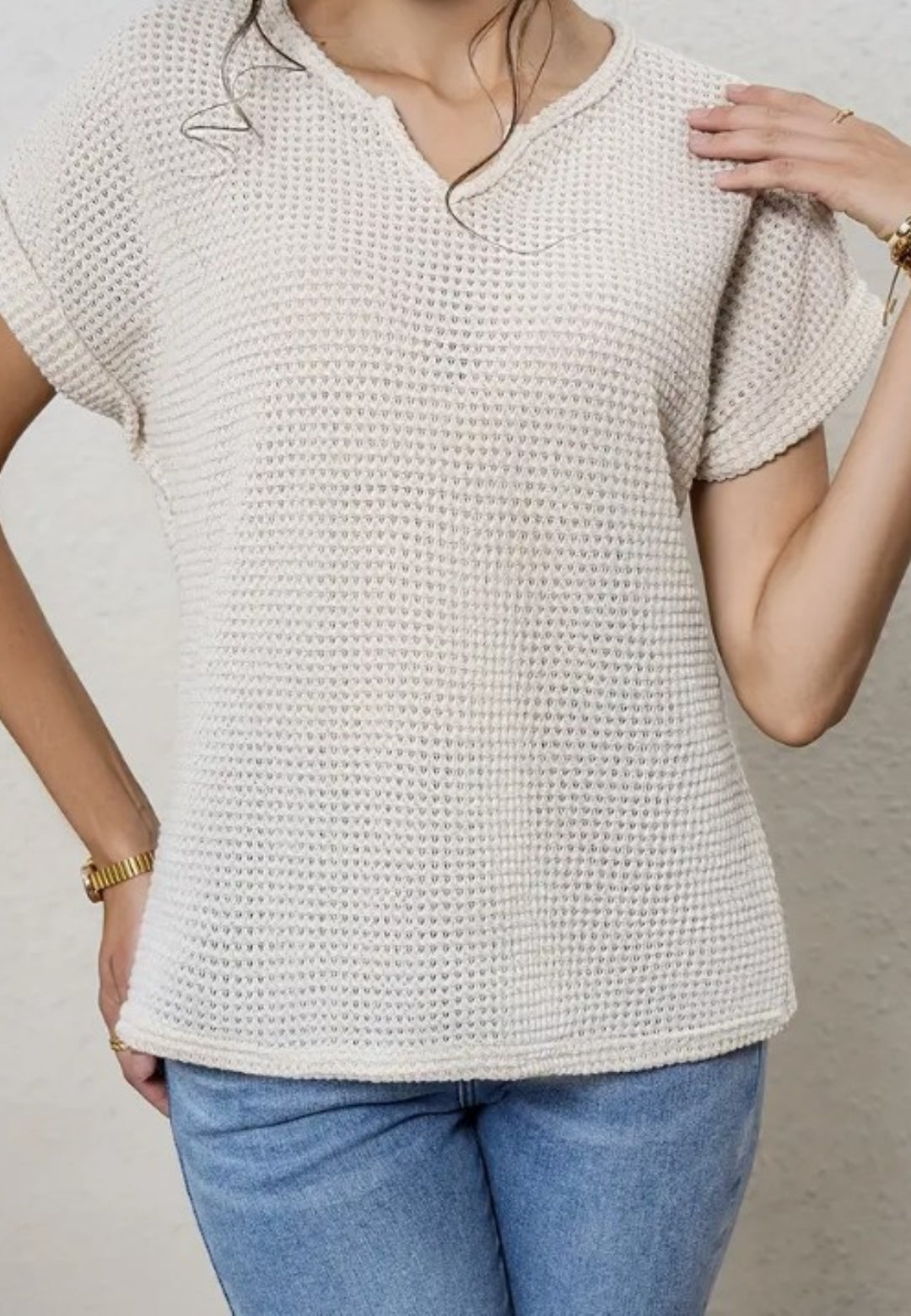 Split V Neck Textured Net Shirt