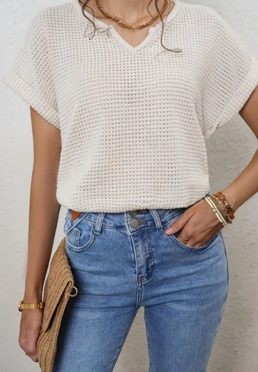 Split V Neck Textured Net Shirt