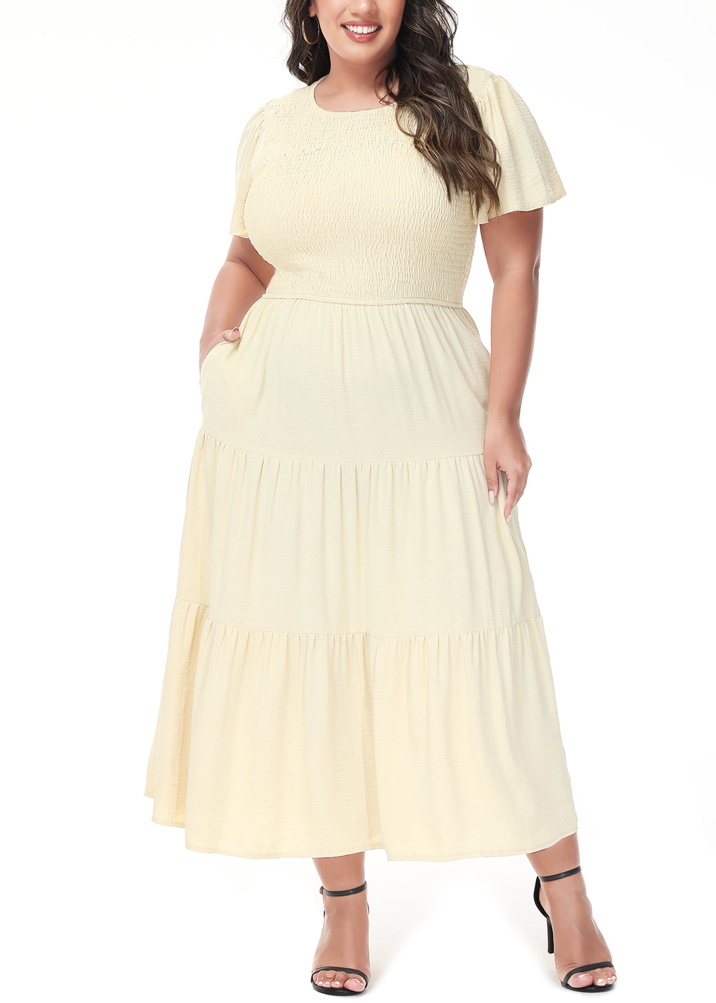 Anna-Kaci Women's Plus Size Casual Round Neck Flutter Short Sleeve Elastic Waist Smocked Tiered Maxi Dress Beige / Plus-3X-18W-20W Anna-Kaci Women's Plus Size Casual Round Neck Flutter Short Sleeve Elastic Waist Smocked Tiered Maxi Dress Beige / Plus-3X-18W-20W