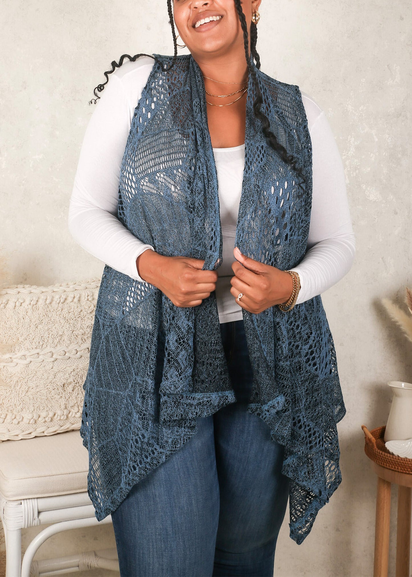 Plus Size Boho Open Front Crochet Cover Up Sleeveless Shawl Cardigan Vest, Navy