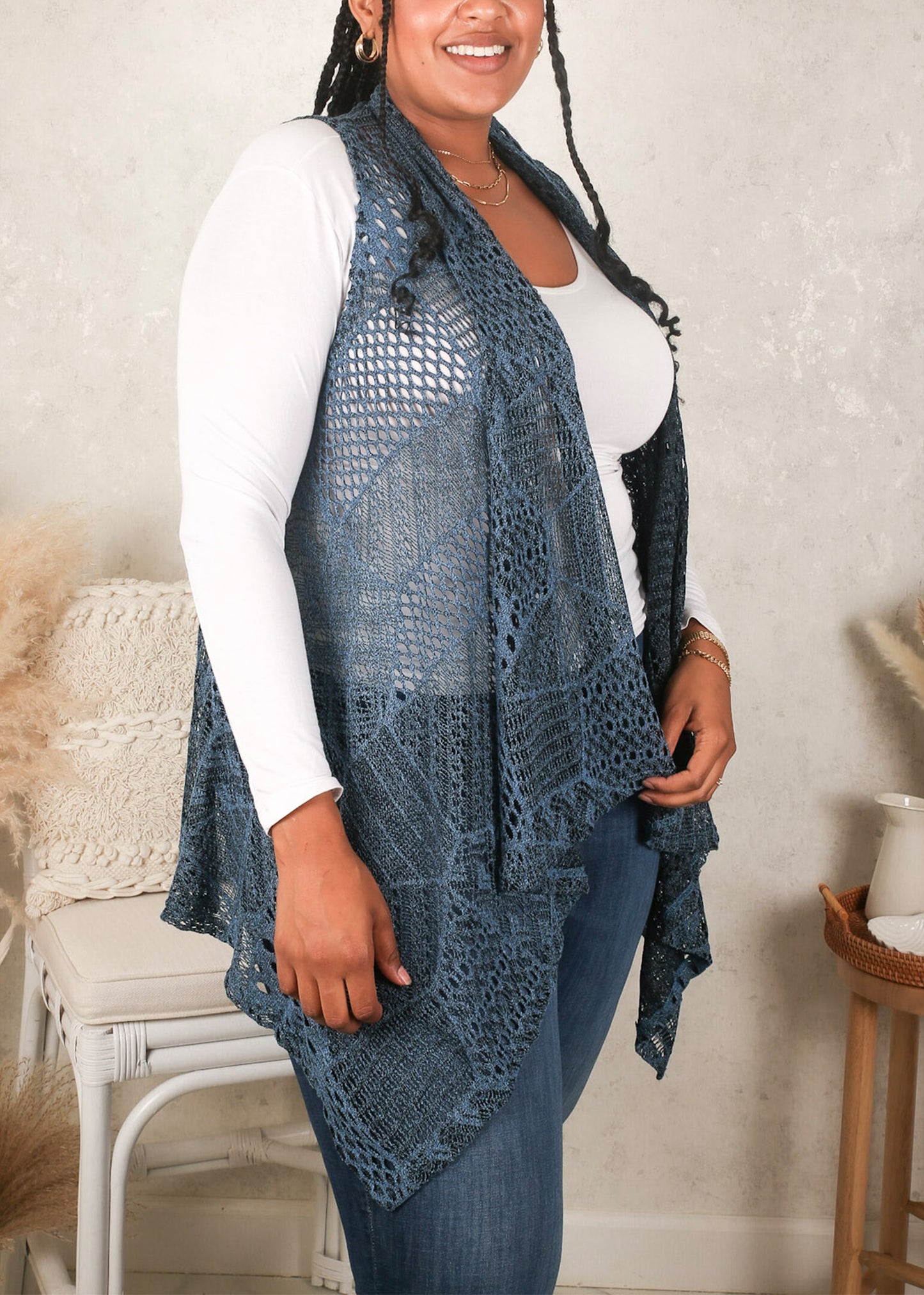 Plus Size Boho Open Front Crochet Cover Up Sleeveless Shawl Cardigan Vest, Navy