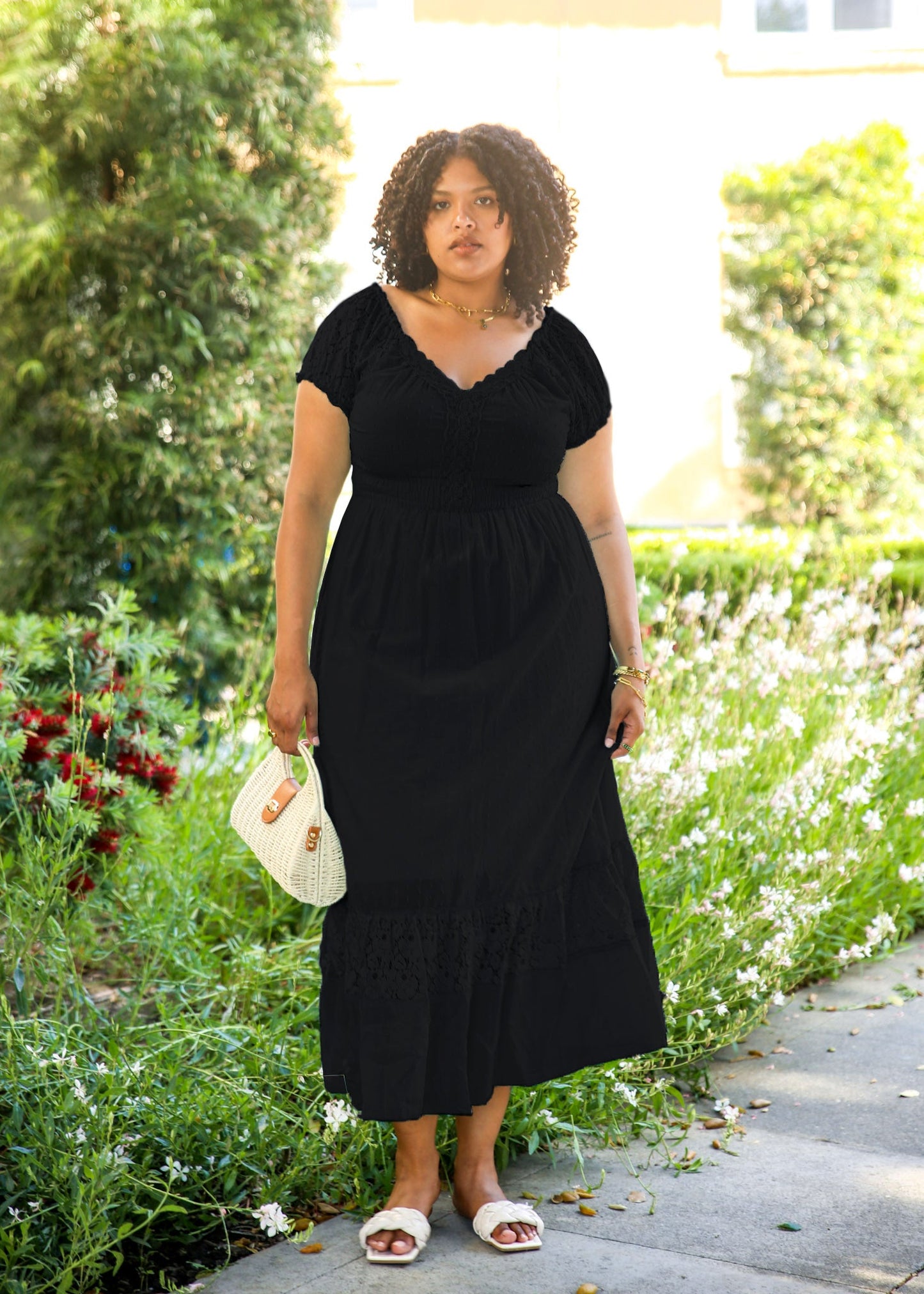 Anna-Kaci Plus Size Renaissance Peasant Medieval Maiden Boho Inspired short Sleeve Lace Flower Trim Dress