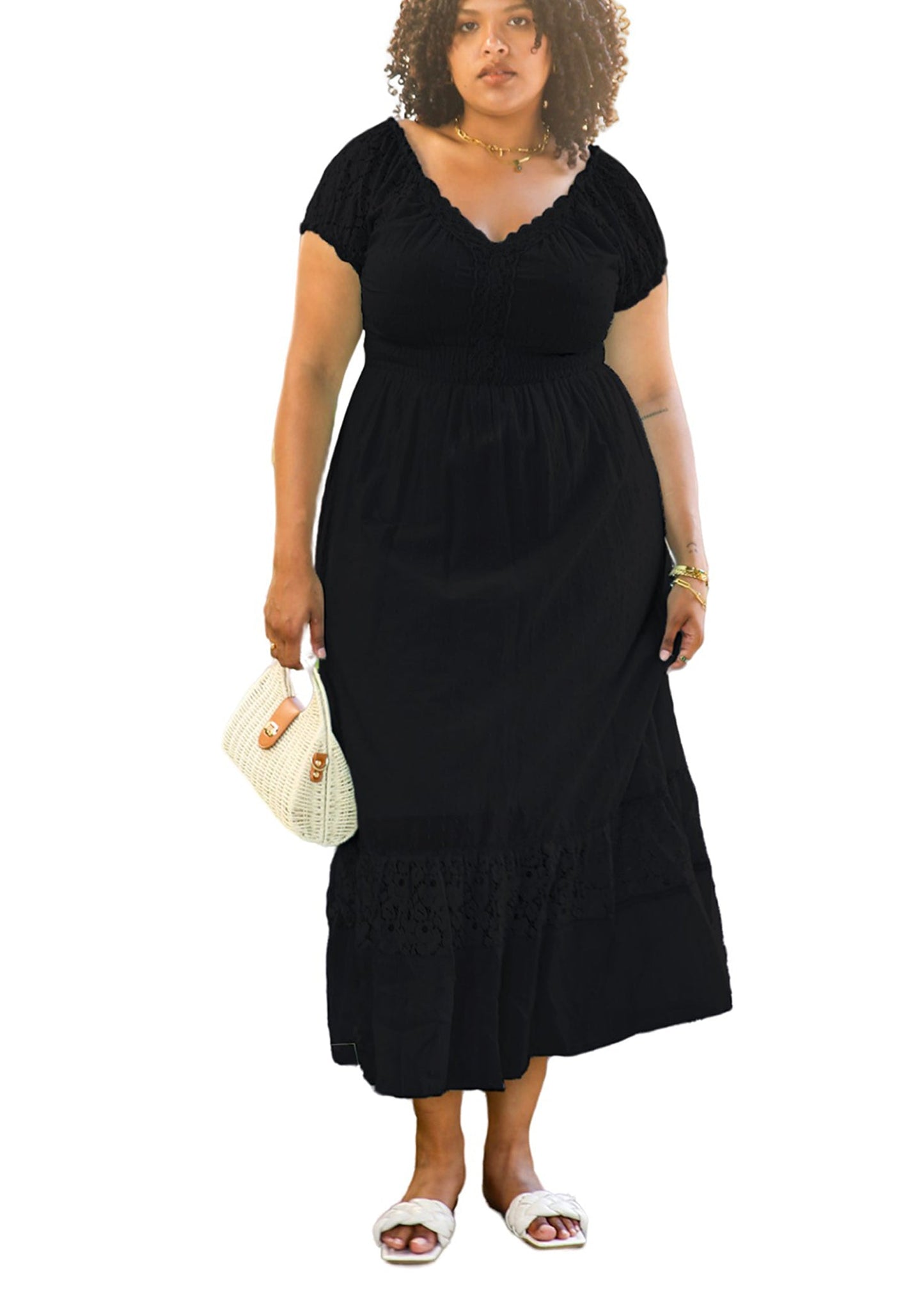 Anna-Kaci Plus Size Renaissance Peasant Medieval Maiden Boho Inspired short Sleeve Lace Flower Trim Dress