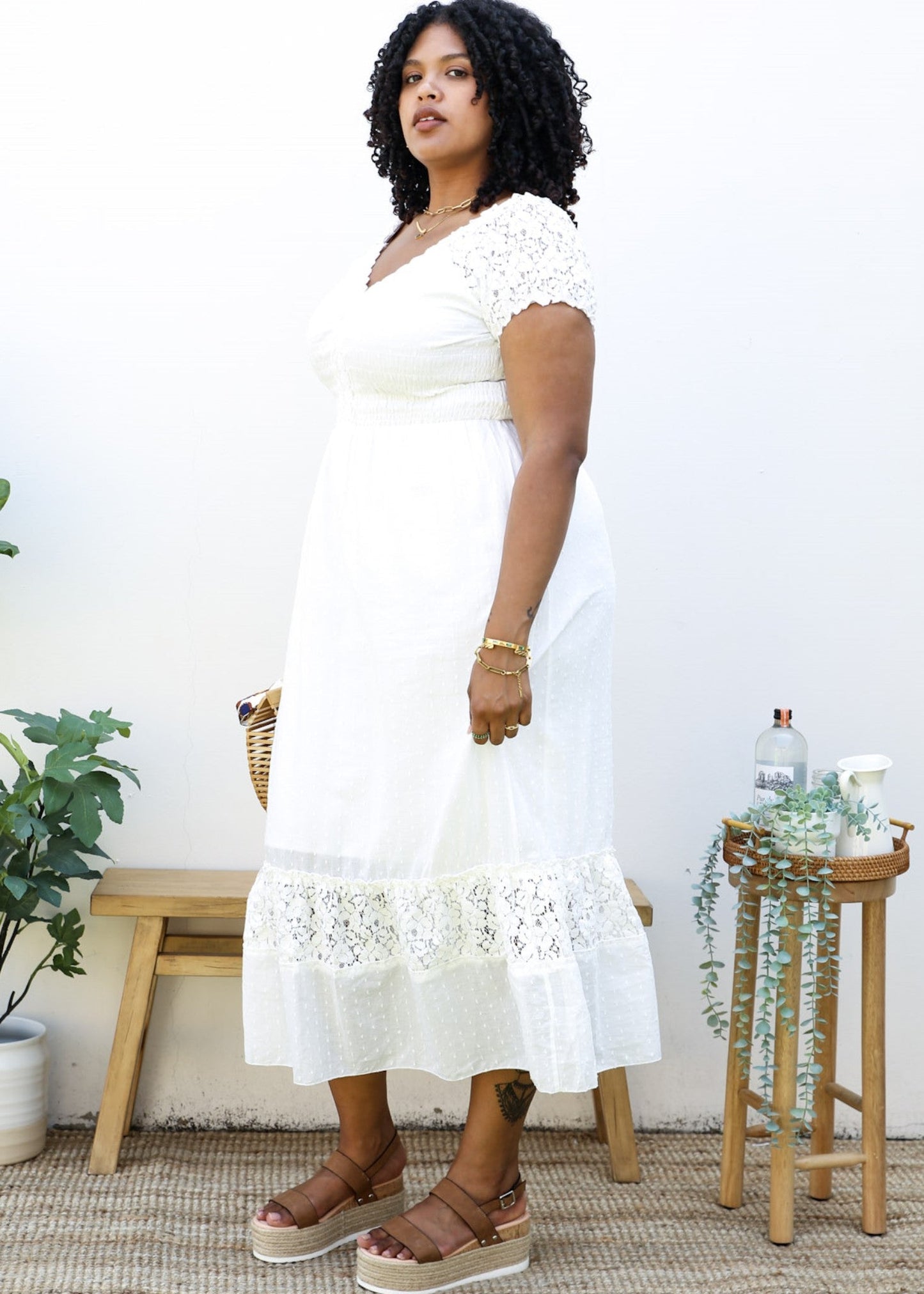 Anna-Kaci Plus Size Renaissance Peasant Medieval Maiden Boho Inspired short Sleeve Lace Flower Trim Dress