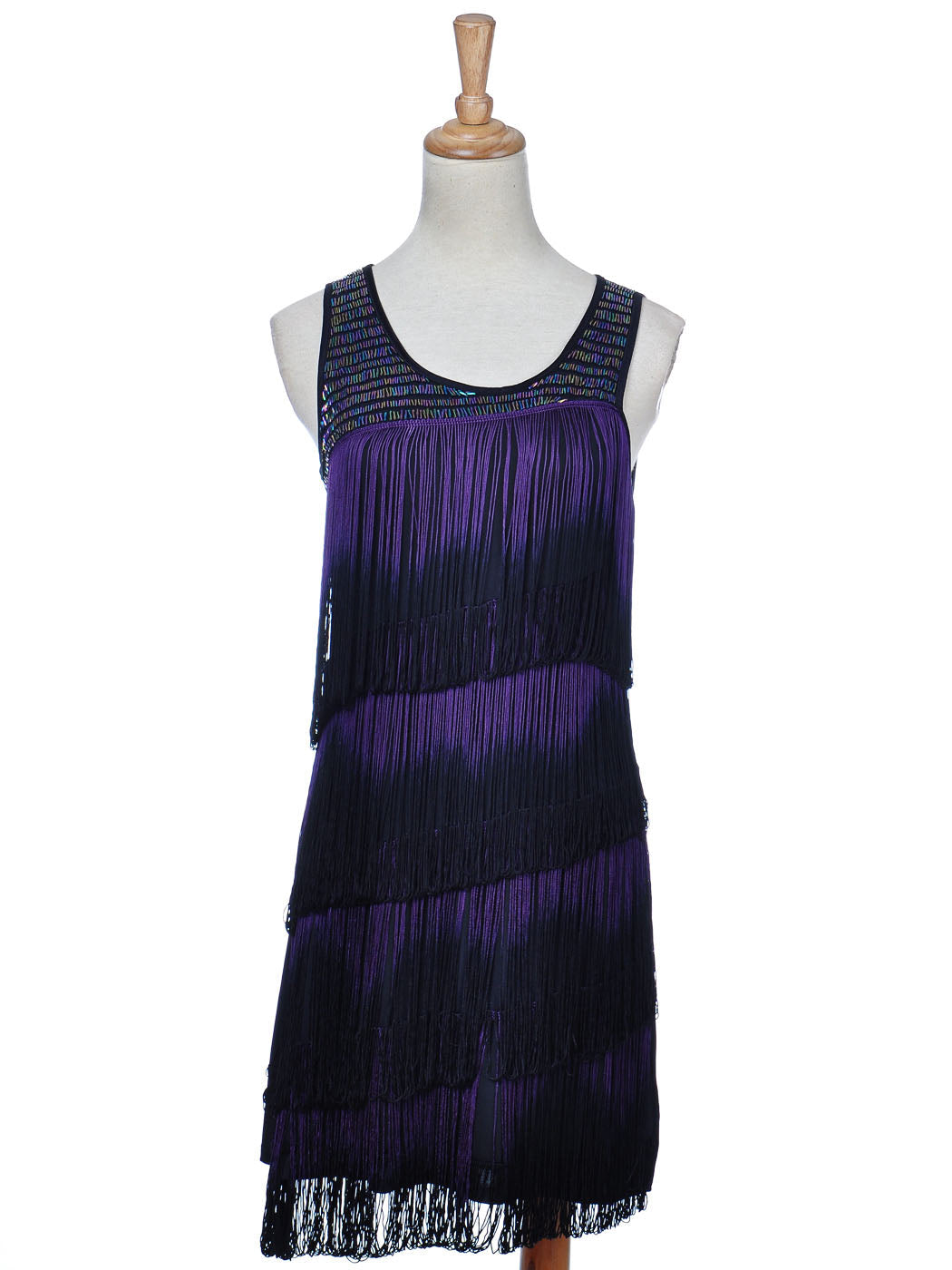 Vestido sin mangas con escote redondo y flecos teñidos en morado y negro para mujer