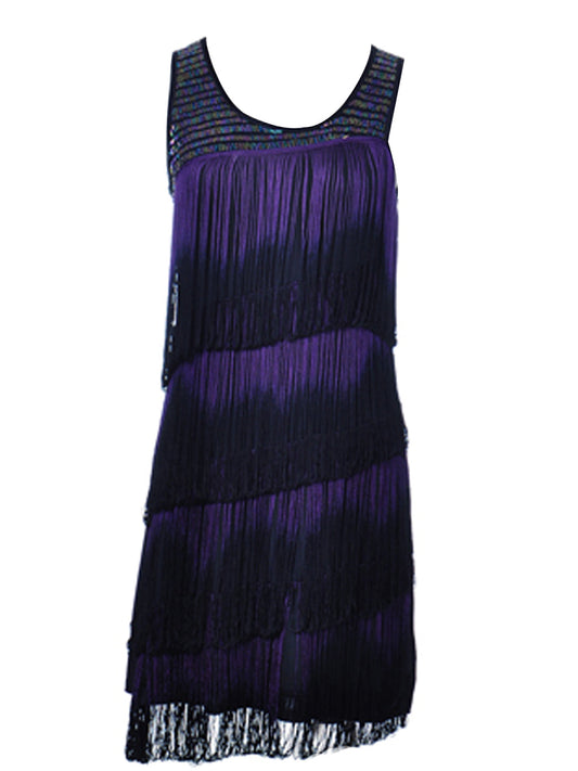 Vestido sin mangas con escote redondo y flecos teñidos en morado y negro para mujer