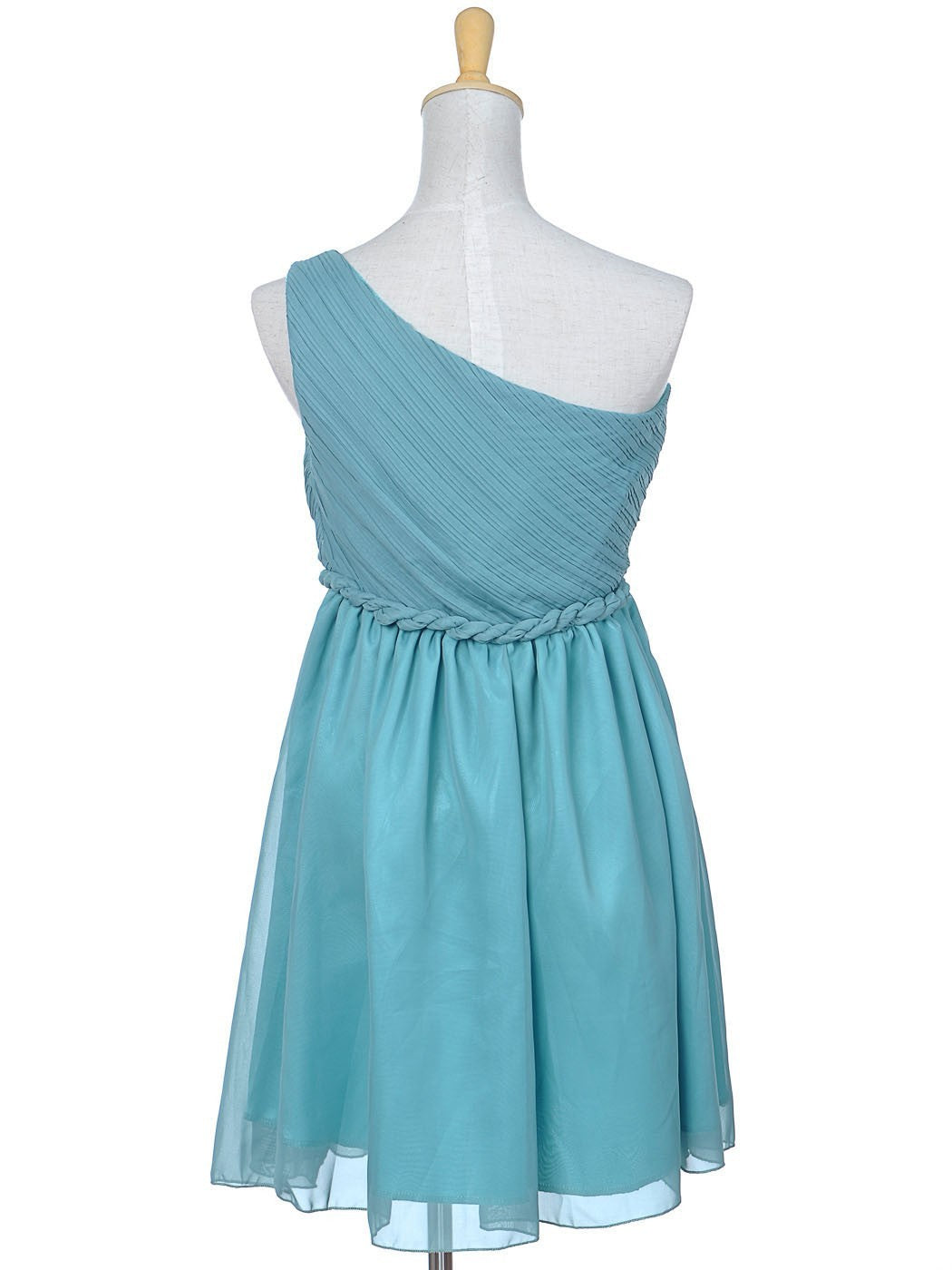 Vestido de un hombro con encaje, drapeado y cintura trenzada en color verde azulado, talla S/M