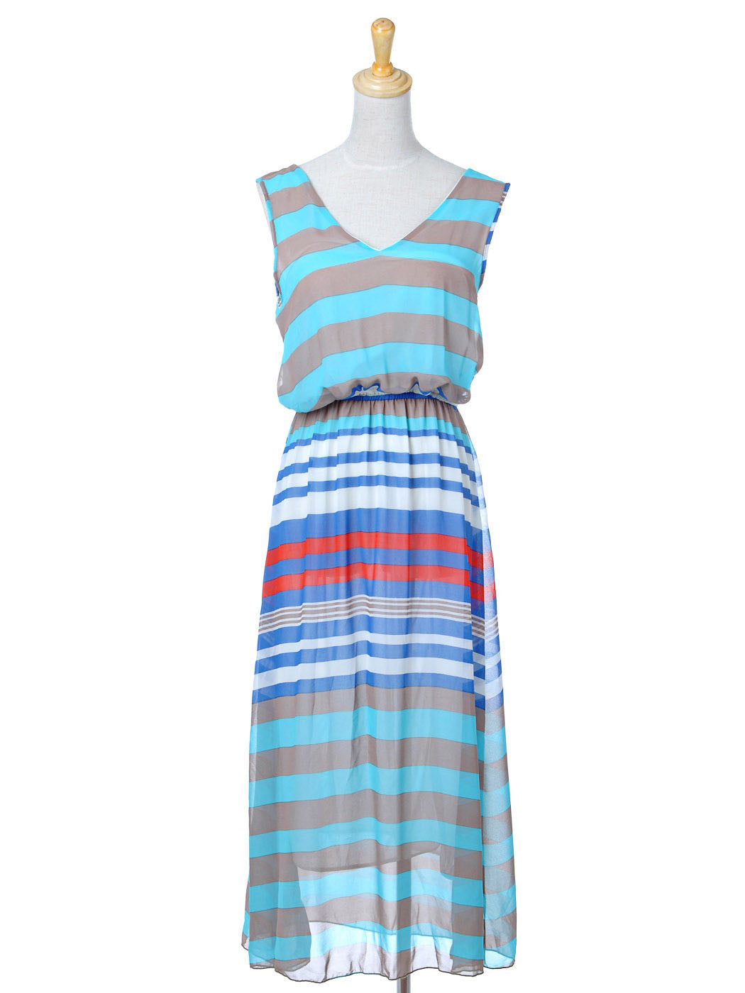 Blue Grey Nautical Stripe Sheer Chiffon Long Maxi Length Dress