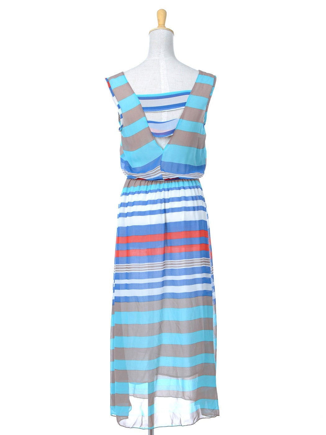 Blue Grey Nautical Stripe Sheer Chiffon Long Maxi Length Dress