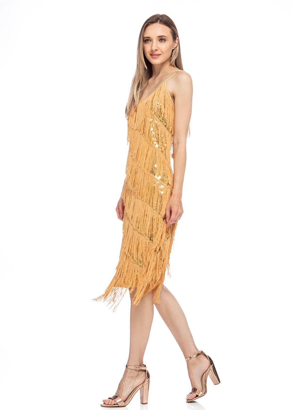 Vestido midi estilo flapper con flecos y lentejuelas