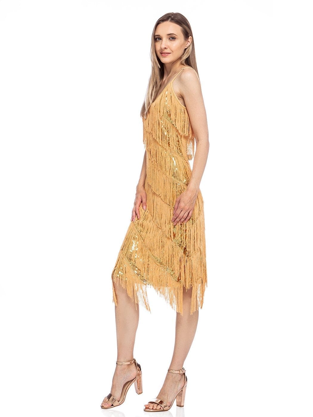 Vestido midi estilo flapper con flecos y lentejuelas