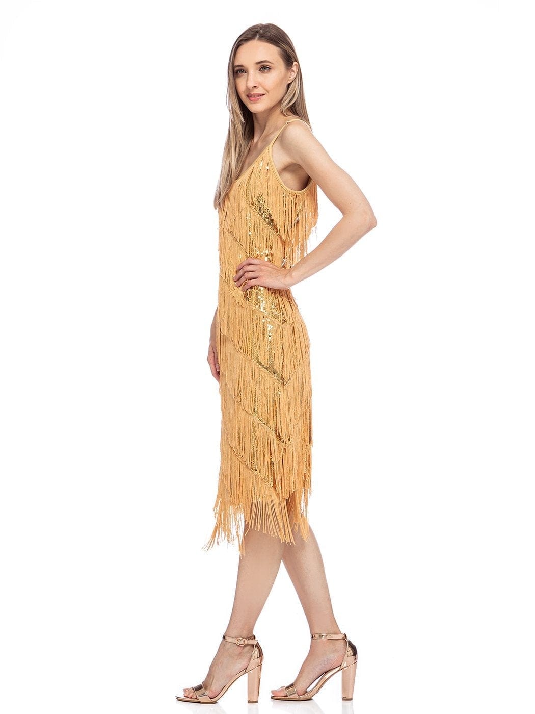 Vestido midi estilo flapper con flecos y lentejuelas