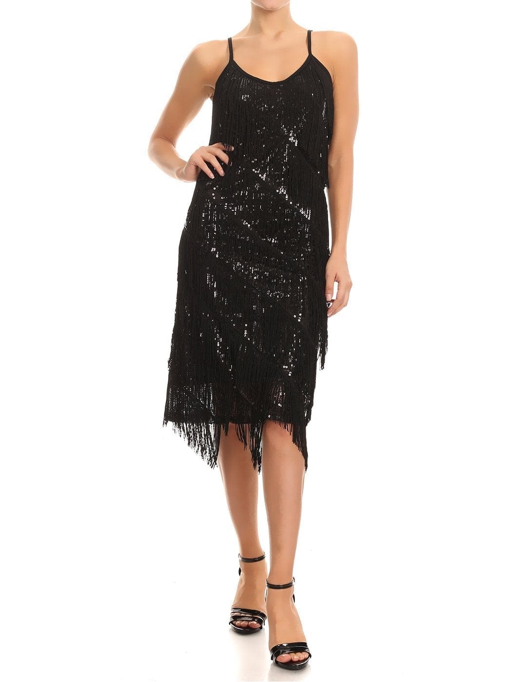 Vestido midi estilo flapper con flecos y lentejuelas