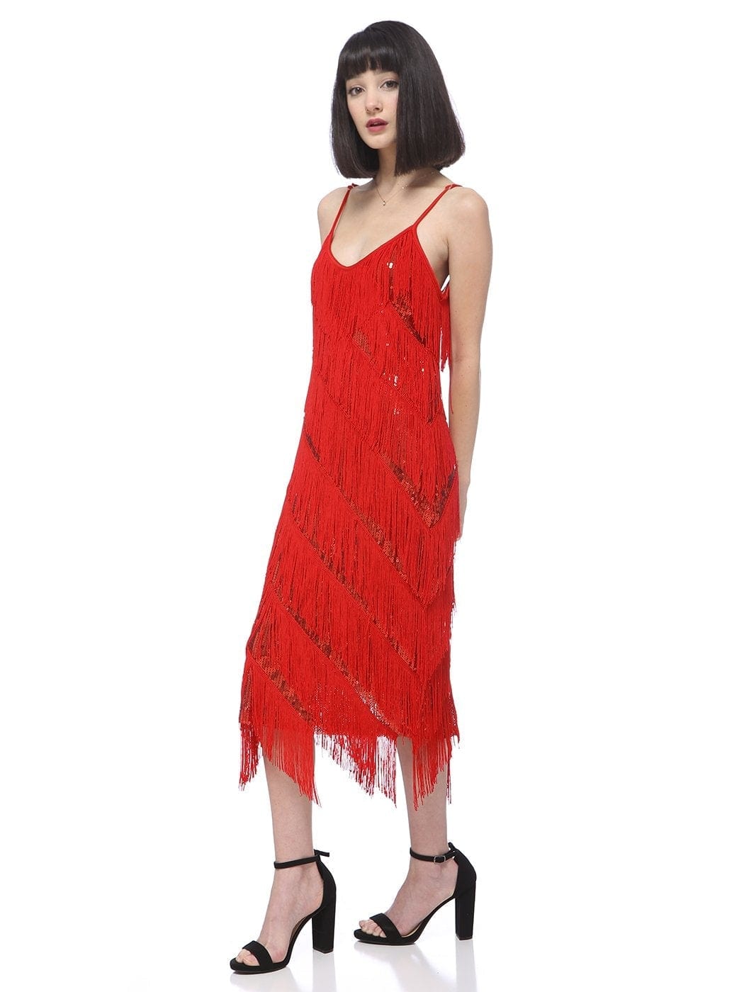 Vestido midi estilo flapper con flecos y lentejuelas