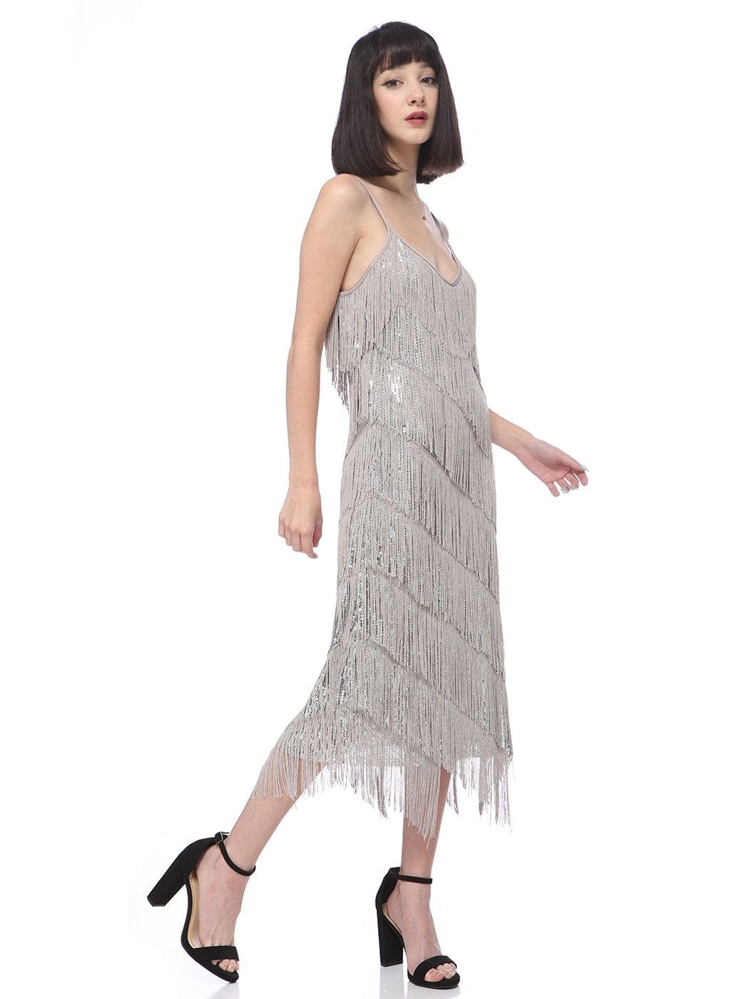 Vestido midi estilo flapper con flecos y lentejuelas