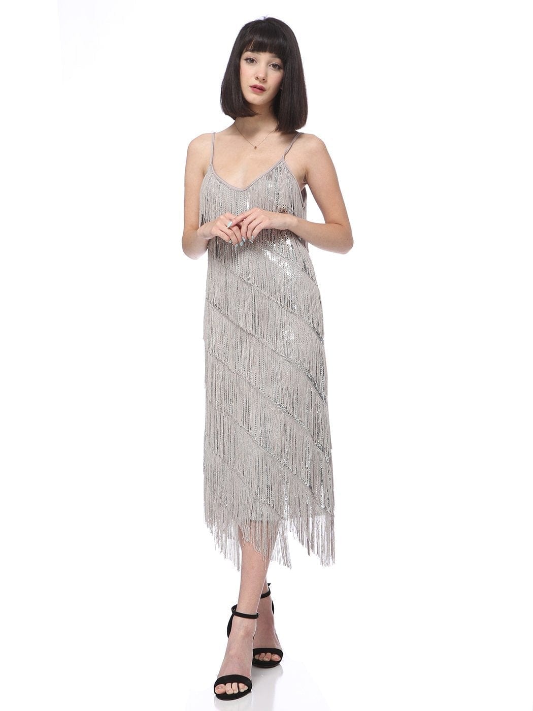 Vestido midi estilo flapper con flecos y lentejuelas