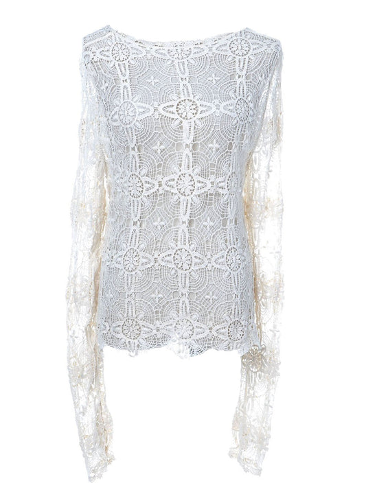 Top transparente de talla S/M con escote redondo cruzado y estampado floral en color beige y blanco roto