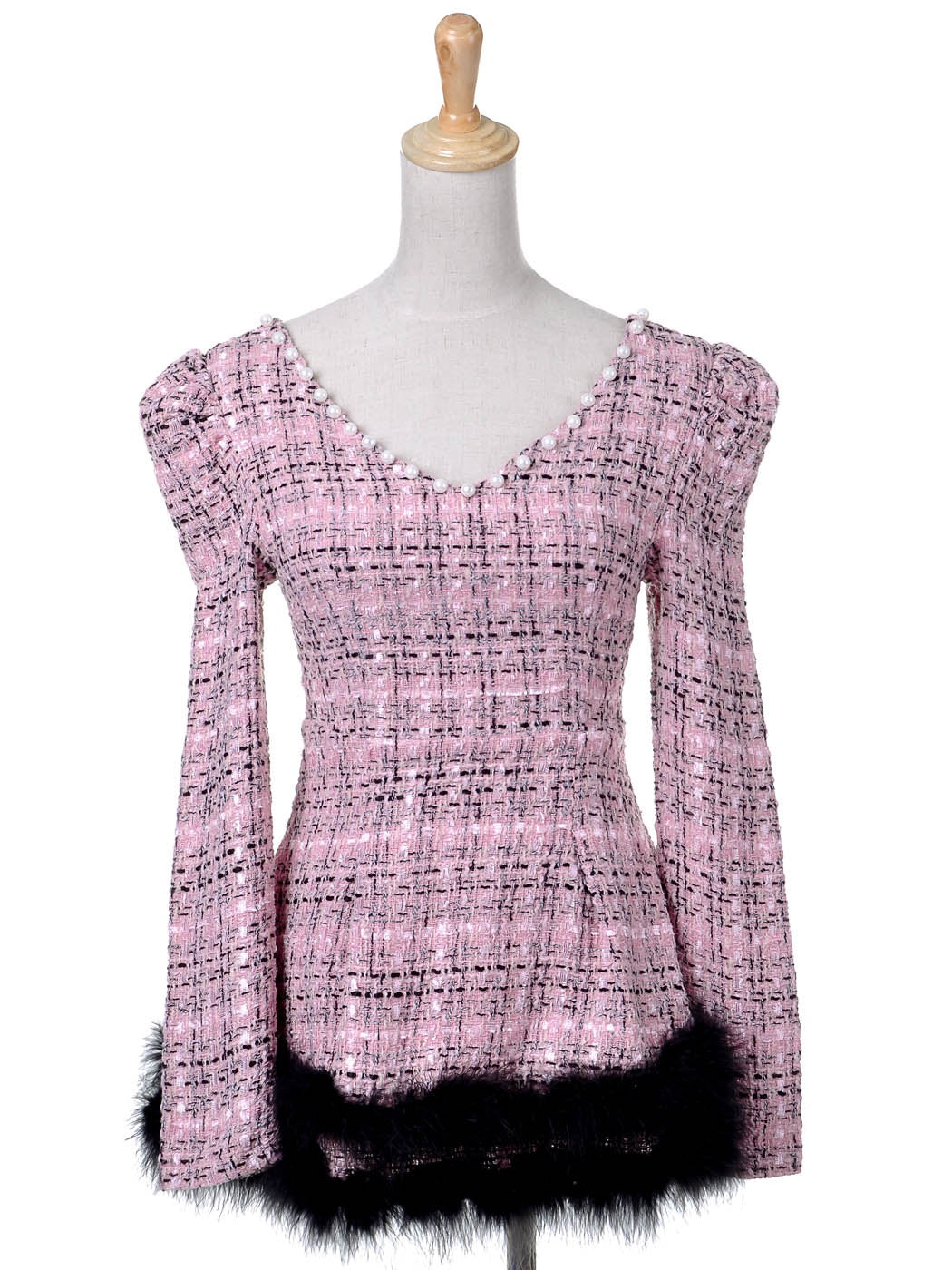 Vestido estilo patinador sobre hielo de tweed rosa con hombros abullonados y ribete de marabú, talla S/M