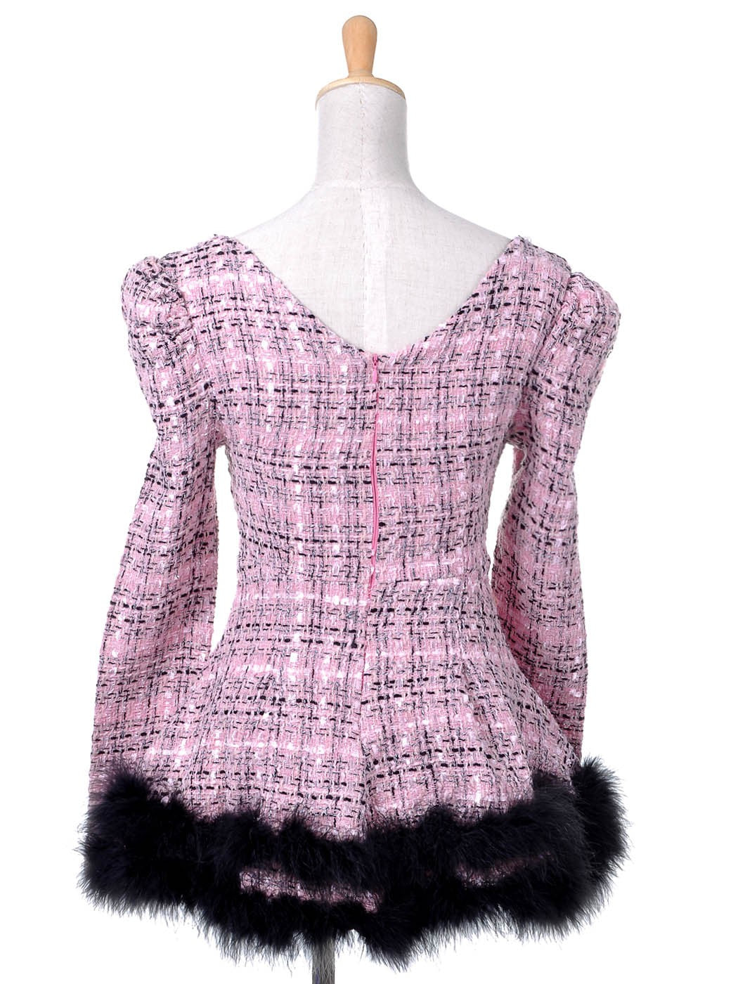 Vestido estilo patinador sobre hielo de tweed rosa con hombros abullonados y ribete de marabú, talla S/M