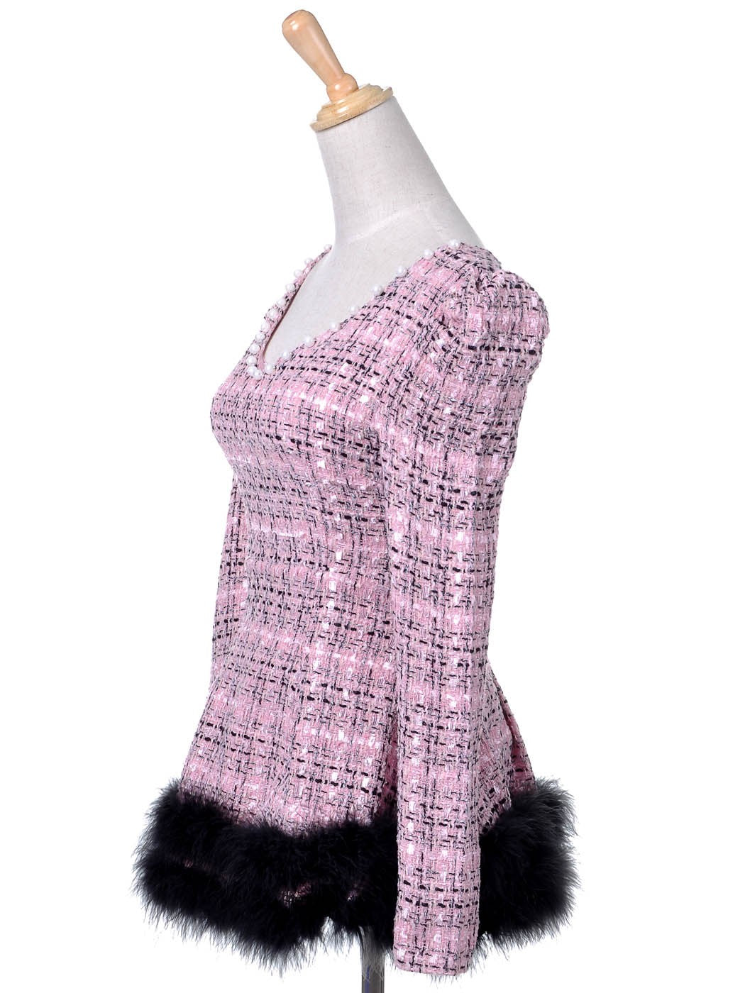 Vestido estilo patinador sobre hielo de tweed rosa con hombros abullonados y ribete de marabú, talla S/M