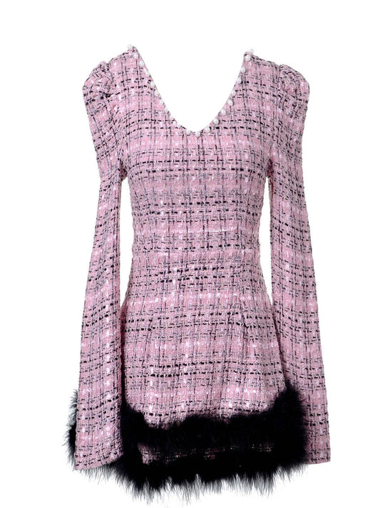 Vestido estilo patinador sobre hielo de tweed rosa con hombros abullonados y ribete de marabú, talla S/M