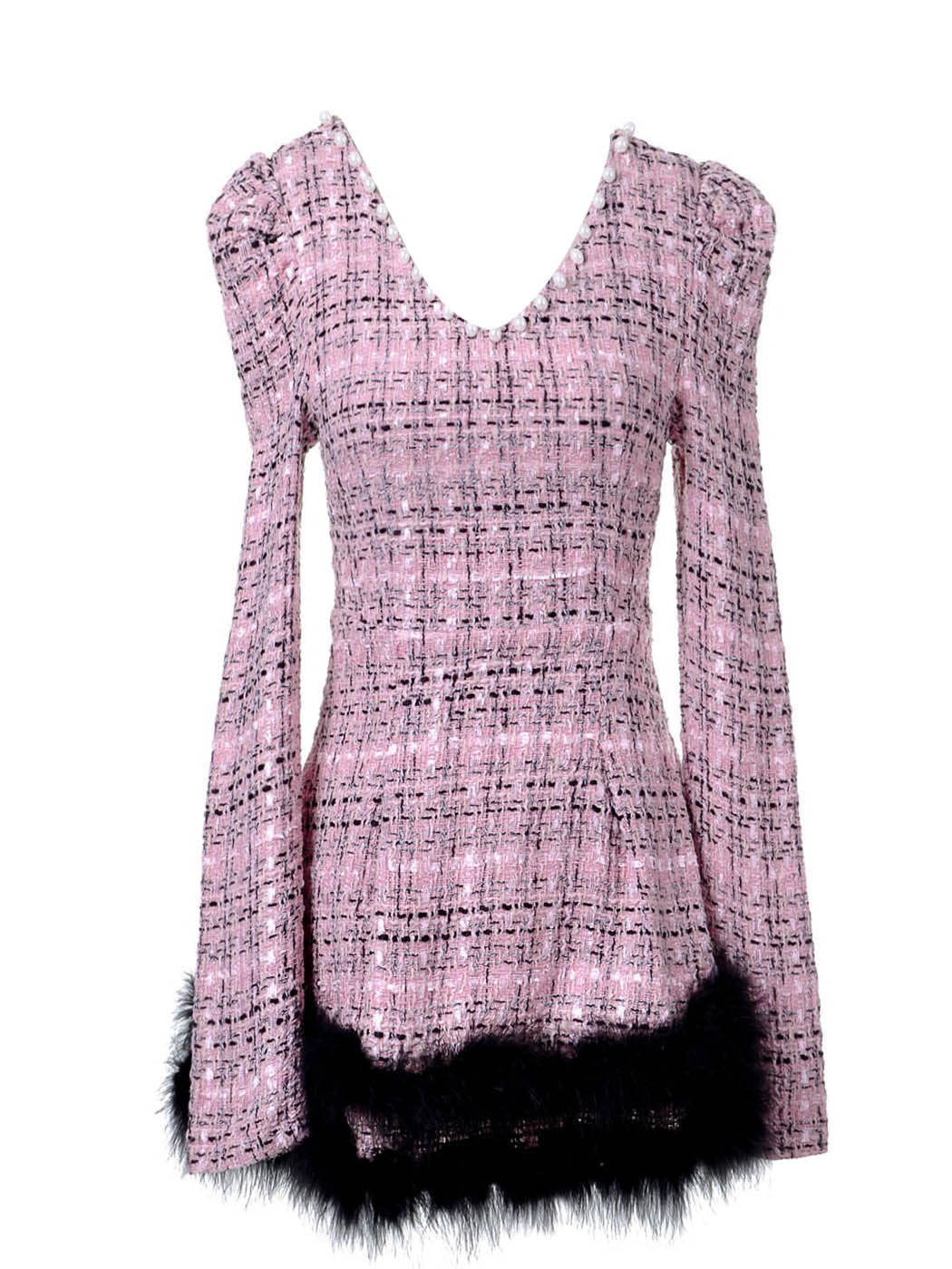 Vestido estilo patinador sobre hielo de tweed rosa con hombros abullonados y ribete de marabú, talla S/M