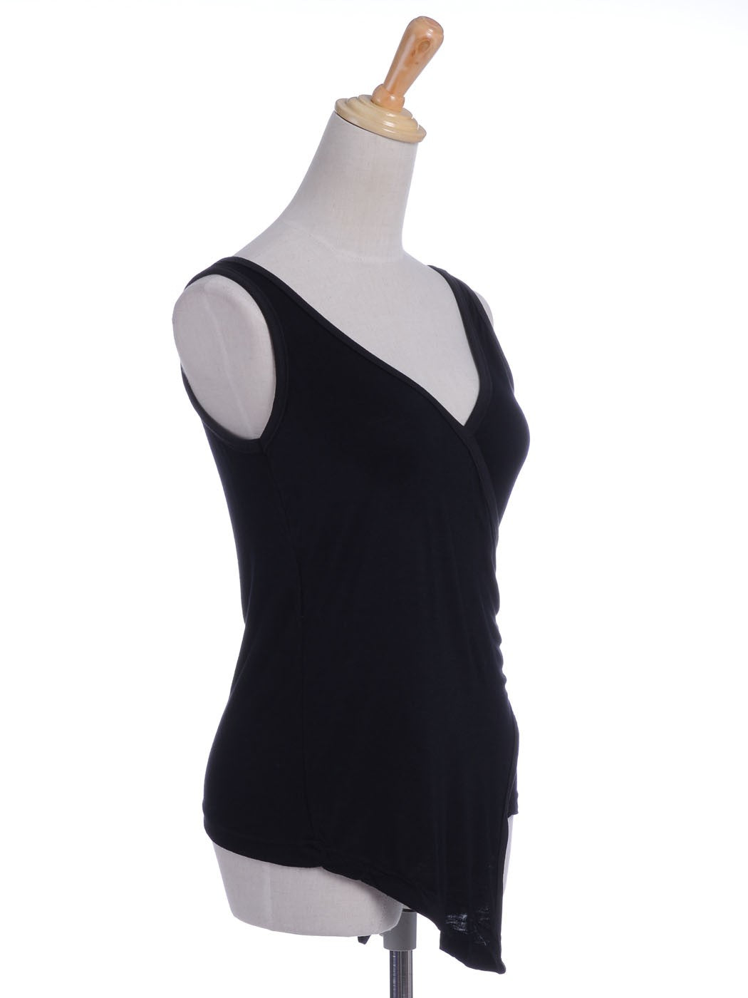 Camiseta sin mangas negra con escote en V, dobladillo irregular y largo cruzado en punta en la parte delantera, talla S/M